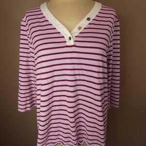 Draper James Women's 1X Pink Mariner Stripe Top V-Neck Cotton Buttons 3/4 Sleeve